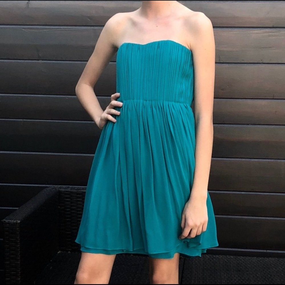 Alice + Olivia Silk Pleated Strapless Dress, Aqua Draped